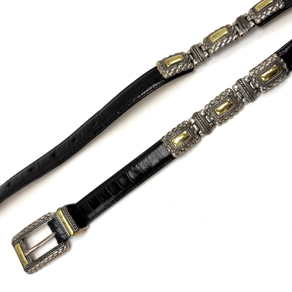 Vintage 90s Brighton Concho Statement Belt S 24-28 Black Croc Embossed Leather